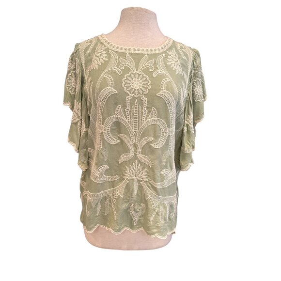 Green Embroidered Boho Top With Flutter Sleeves By Solitaire  M - Picture 1 of 8